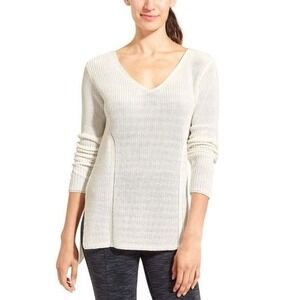 Athleta Highline Sweater Tunic Large White Dove V-Neck Long Sleeve Ribbed Cotton